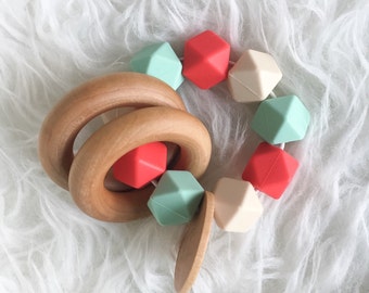 Baby Gift Natural Teether Organic Baby Toy Coral Mint Teether Infant Teether Wooden Teether Silicone Teether Sensory Teether Sensory Toy Bab