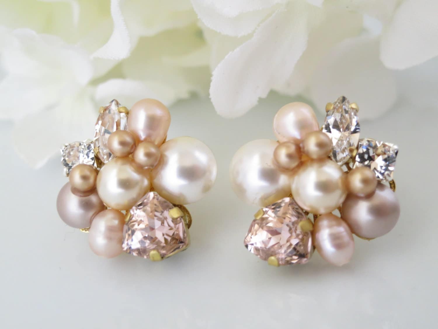 Asymmetrical Gold and Blush post earring, Swarovski crystal and pearl wedding earring, Unique bridal earriing