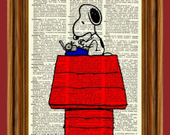 Snoopy at Typewriter from Charlie Brown "Peanuts" Upcycled Dictionary Art Print Poster