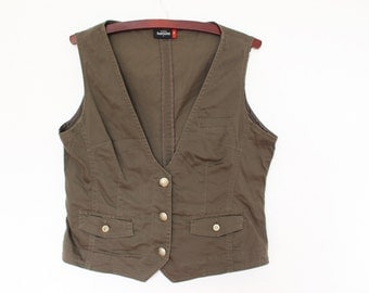 Brown Cotton Vest Womens Fitted Khaki Brown Waistcoat Hippie Boho Chic Festival Country Secretary Large Size