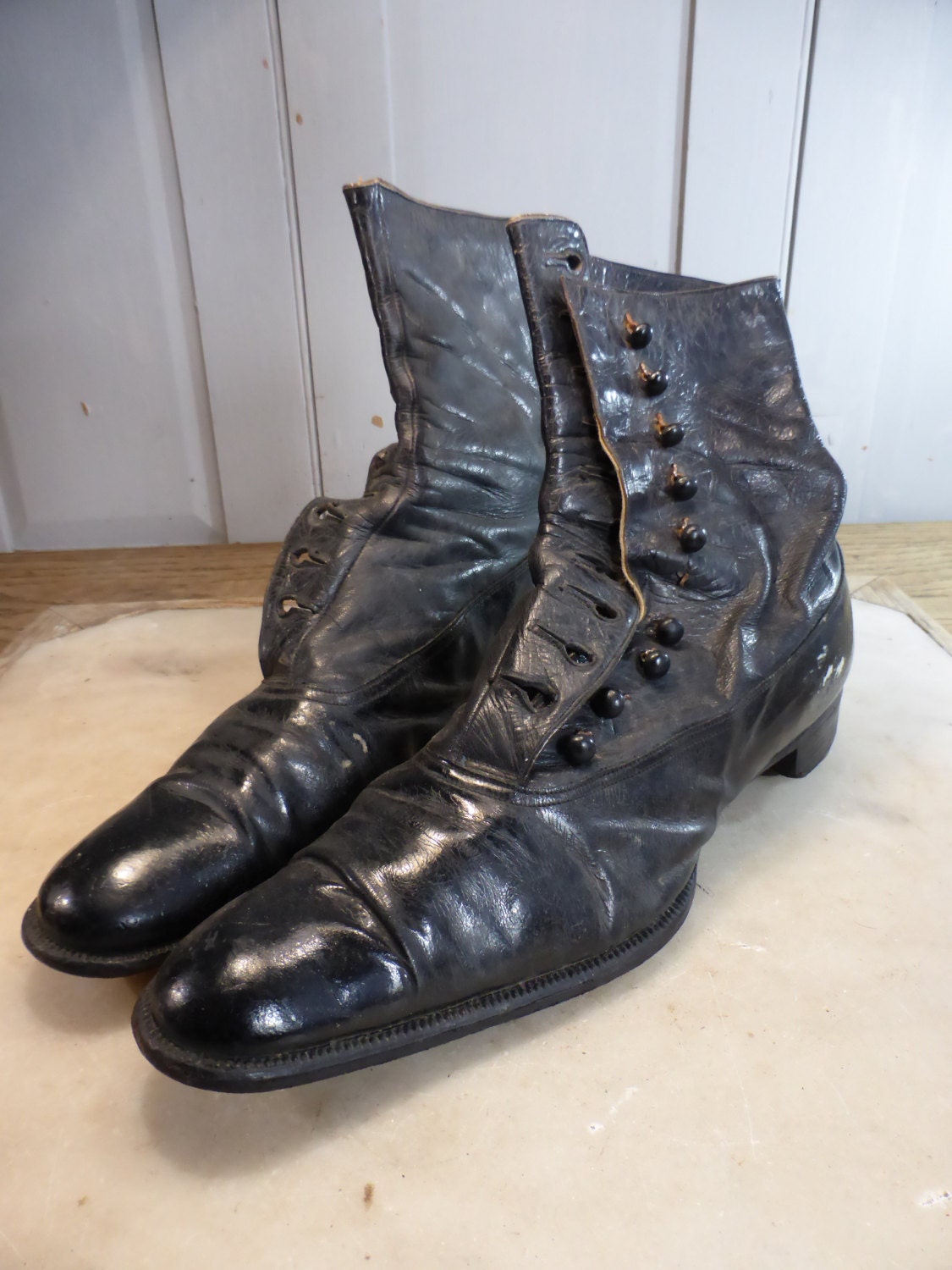 Antique ladies black leather granny boots size Small display