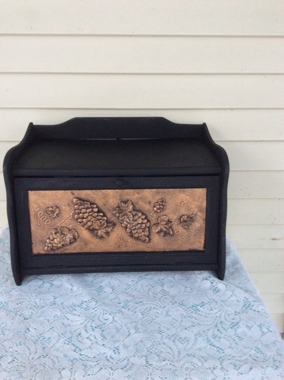 Black Wood Bread Box with Copper Face by vintageauntalice on Etsy