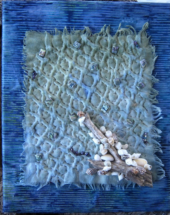 Blue Seashell Art Mixed Media Collage Fiber Art Collage