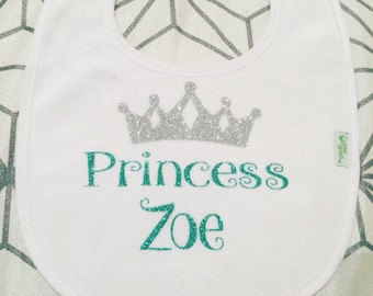 Personalized Princess Bib, Custom Bib, Baby Girl Bib, Crown Bib, White, Baby Girl Gift, Newborn Gift, Baby Accessories,