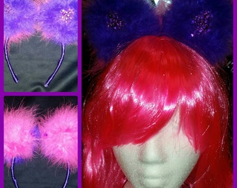 Purple and hot pink marabou feather alice in wonderland Cheshire cat rhinestone cat ears ribbon head band - head piece!