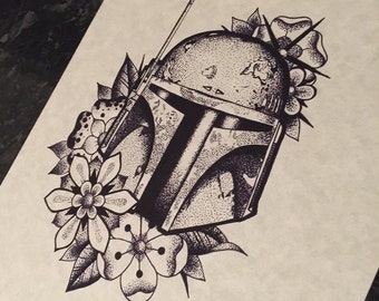 Fine line dotwork, Star Wars inspired dotwork Boba Fett, A4 print. (Not tattoo flash) - please do not reproduce.
