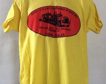 Vtg 80s Screen Stars Car Crushing Scrap Dealer Truck T-Shirt Yellow XL Thin 50/50