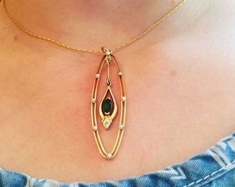 Vintage Art Deco Style Emerald and Seed Pearl Lavalier, Pendant in 15k Yellow Gold