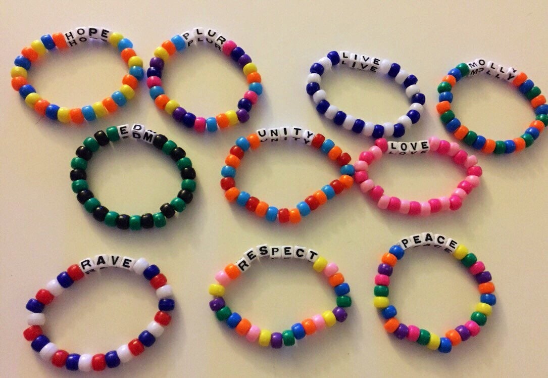 Music festival/rave set of 10 kandi bracelets. Plur peace
