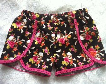 Skull shorts, womens skulls shorts, halloween, alternative clothing, goth, ladies, day of the dead, adult, mexican, dod, skulls and roses