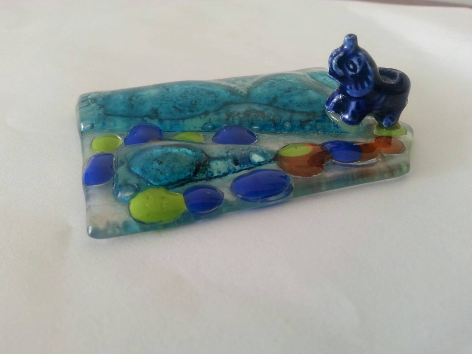 Incense Burner Holder Fused Glass Art. Blue Light Blue