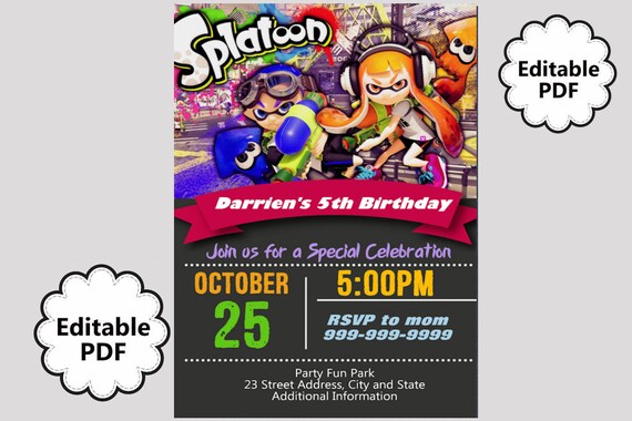EDITABLE TEXT Splatoon Birthday Invitation Splatoon Birthday