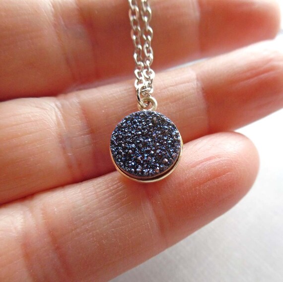 Blue Druzy Necklace /Small Round Blue Druzy / Natural Dark