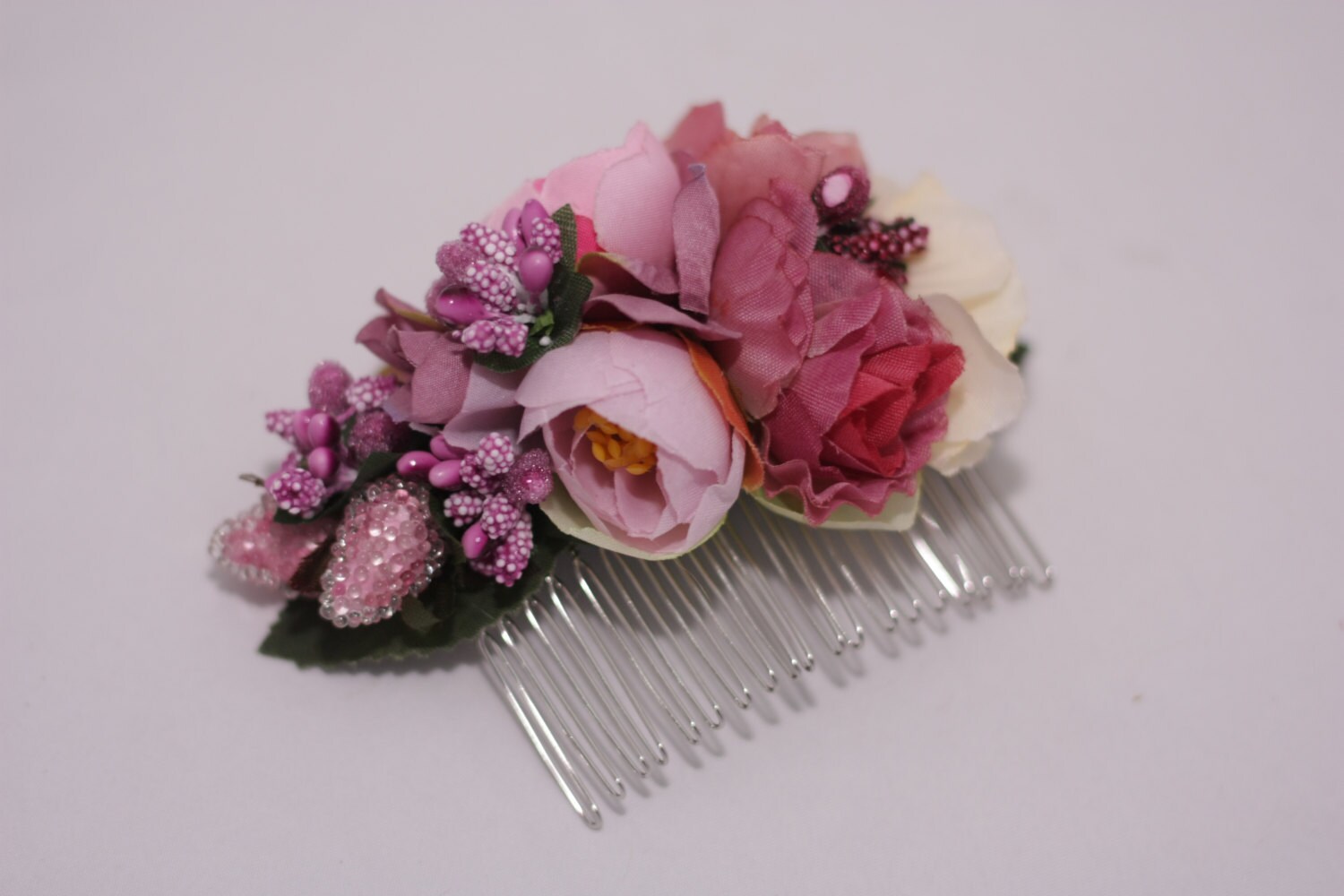 Flower hair comb pink hair comb wedding comb by JewelryThreeSnails