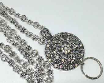 Crystal Flower Lanyard, Fancy Silver Chain Lanyard, ID Badge Holder, Lanyard ID Holder, Necklace Lanyard- Breakaway option