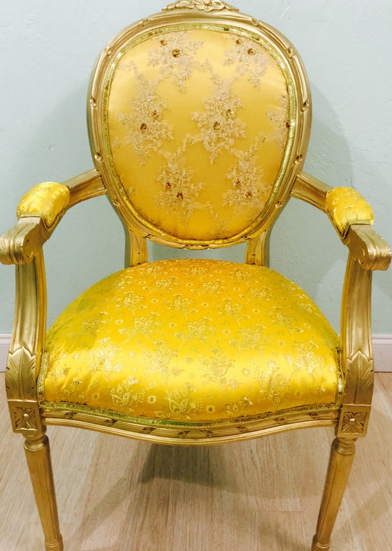 accent chair gold yellow details armchair carved gold frame