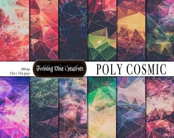 Geometric Galaxy Digital Scrapbooking Paper, Polygon Paper, Cosmos, Space Paper, Commercial Use, Abstract, Fantasy, Rainbow, Colorful, Stars