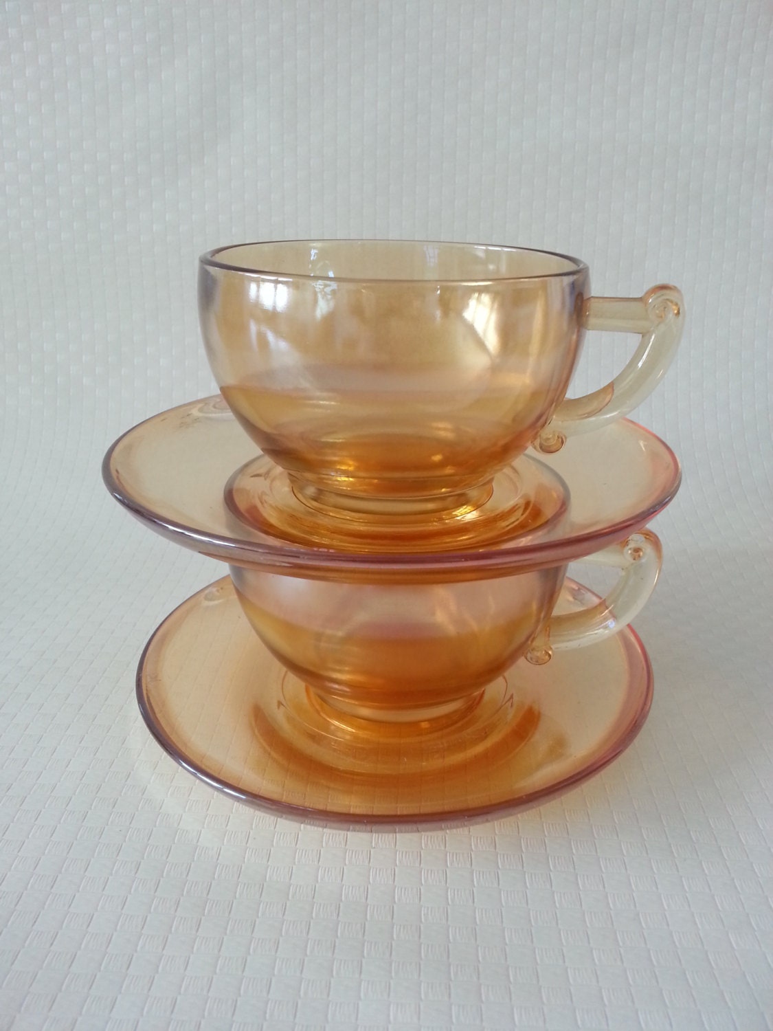 Marigold Carnival Glass Tea Cups With Saucers