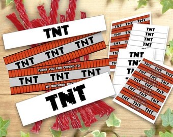 Mine Themed TNT Labels Wraps Birthday Party Printable, Wrappers Decoration Food Tent Wrap Labels Buffet Favors Instant Download