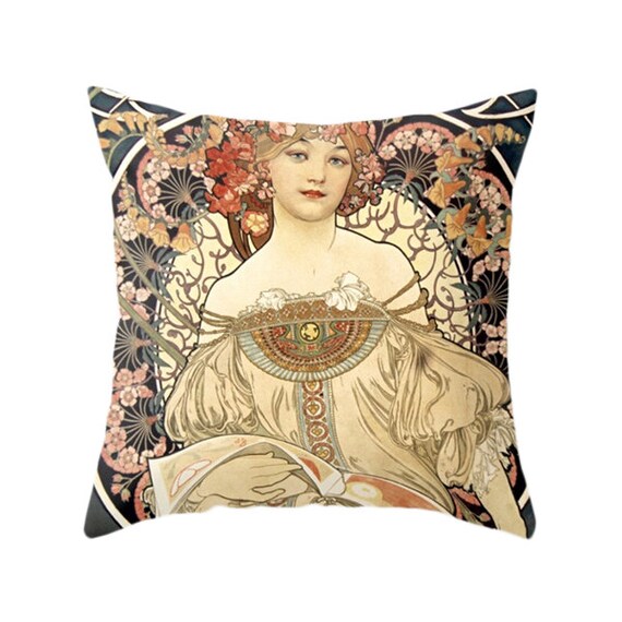 Art Nouveau Pillow Alphonse Mucha Illustration Bohemian
