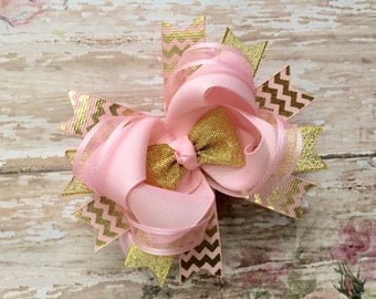 Medium gold pink hair bow-Gold and pink headband-Gold hair bow-layered over-the-top hair bow-Gold glitter hair bow-gold and pink bow