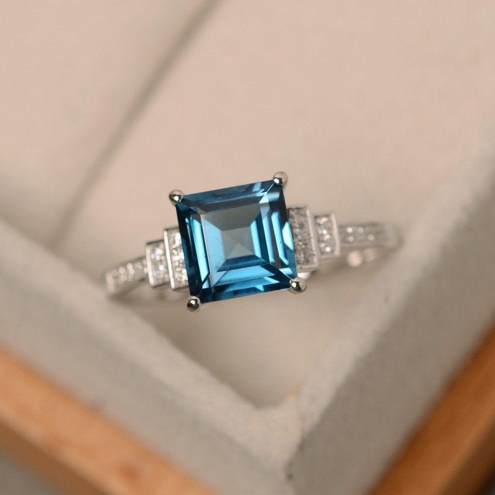 London blue topaz ring square cut ring sterling silver