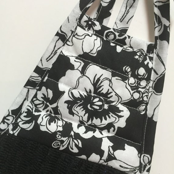 Black White Towel Floral Kitchen Towel-Black and by thestuffedcat