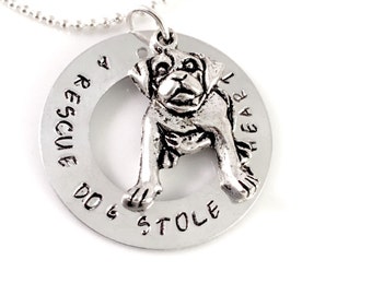 Rescue dog necklace, washer necklace, bulldog necklace, pug necklace, hand stamped necklace, dog rescue pendant