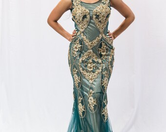 teal and gold gown