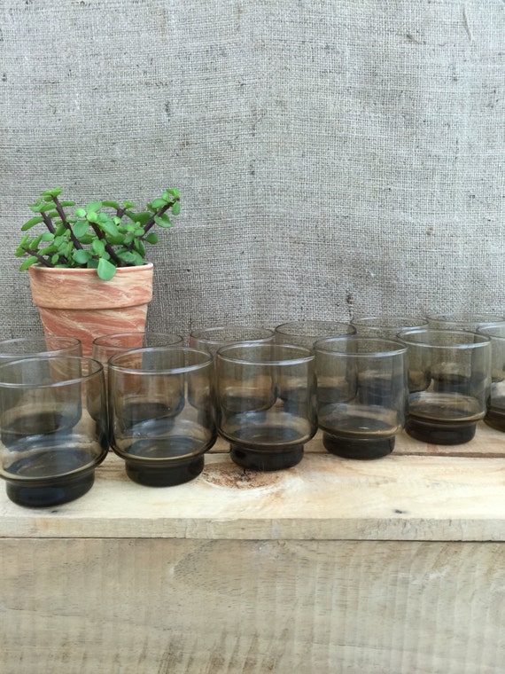 Vintage Libbey Tawny Accent Drinking Glasses Set of 12 - Smokey Old Retro 70s Glass Tumblers / Mod Retro Barware