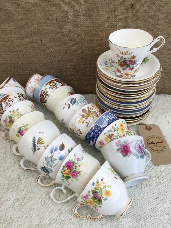 Job Lot 40 Pieces Vintage China - 20 Mismatch China Tea Cups and Saucers for Weddings & Events / Mix and Match China Tea Cups and Saucers