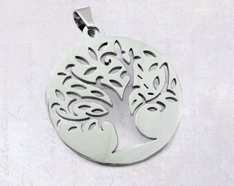 1 x Stainless Steel Round Tree Of Life Pendant 35mm - Hollow Cut Out, Silver Tone