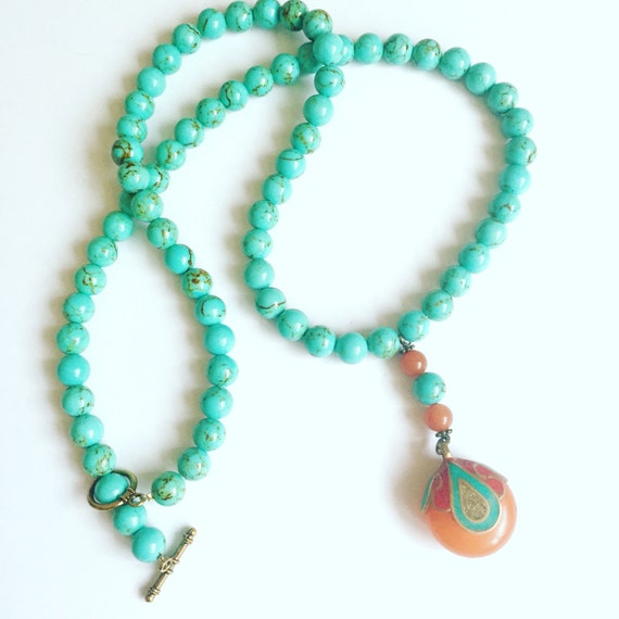 Turquoise and Amber Pendant Necklace Turquoise Bead Necklace