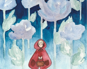 Red riding hood, original watercolor painting watercolor painting, original, little Red Riding Hood fairy tale, fairytale, watercolour, watercolour, floral