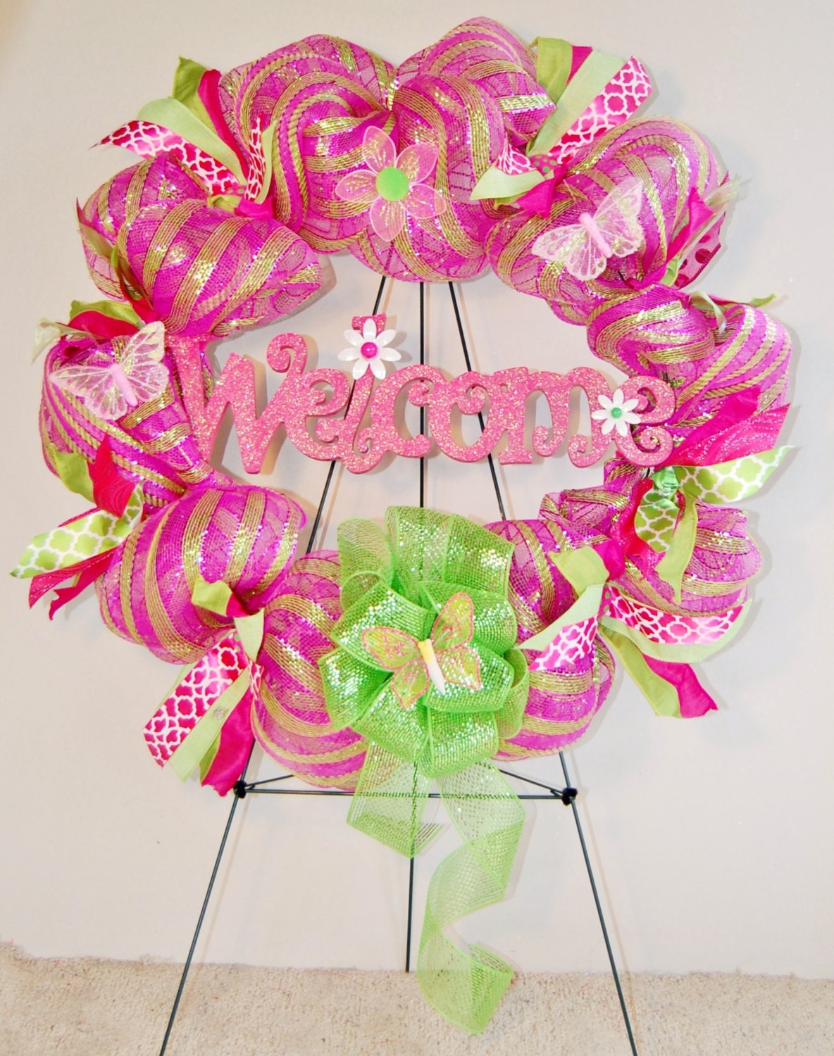 Metallic Pink And Lime Green Deco Mesh Welcome By Wrappedupinwreaths 0606