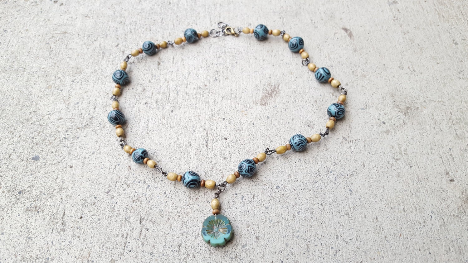 Beaded Y Necklace Blue Hawaiian Flower PendantWood Bead