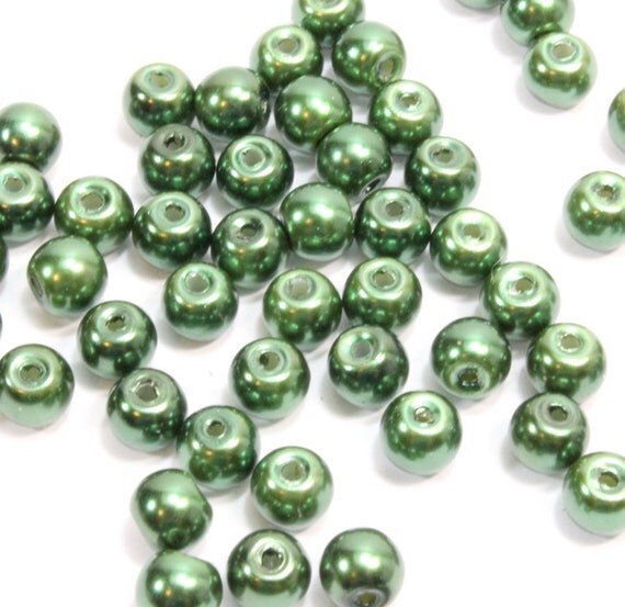 Dark Green Glass Pearls. 25 Small Round Green Pearls for