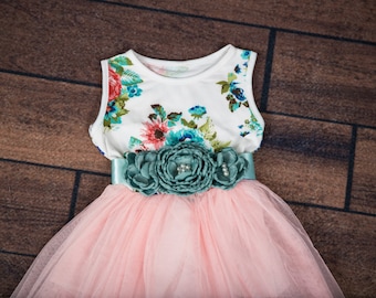 Light Pink Tulle Dress, Floral Mint Dress, Cotton Dress with Floral, Photography Prop, Birthday Dress, Flower Girl, Size 2T, 3T, 4T, 5T, 6