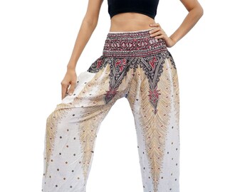 Peacock Thai Harem,Aladdin Pants, Aztec Ethnic Print , Boho Strenchy Pants, Elastic Waist Clothing Beach Women (Turquoise W0029)