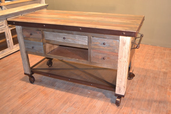  Rustic  Solid Reclaimed wood Kitchen  Island with bottom shelf