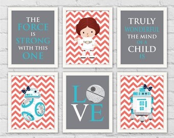 Leia or Rey Star Wars Nursery Art Prints. Princess Leia Rey BB-8 R2-D2. Turquoise Coral Gray Girl Room Decor. Set of 6 Prints. Item No.: 008