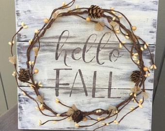 Rustic Fall Wood Pallet Sign w/ berry and pine cone garland, fall decor, fall home decor, inside home decor, fall decoration