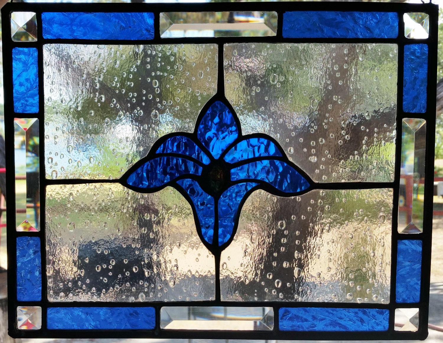 Cobalt blue clear and beveled stained glass panel with