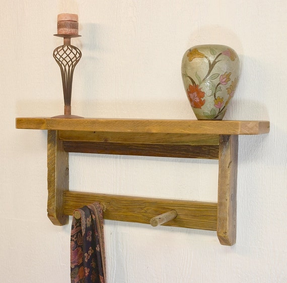 Rustic wall shelf with coat hooks recycled by WoodArtAndFurniture
