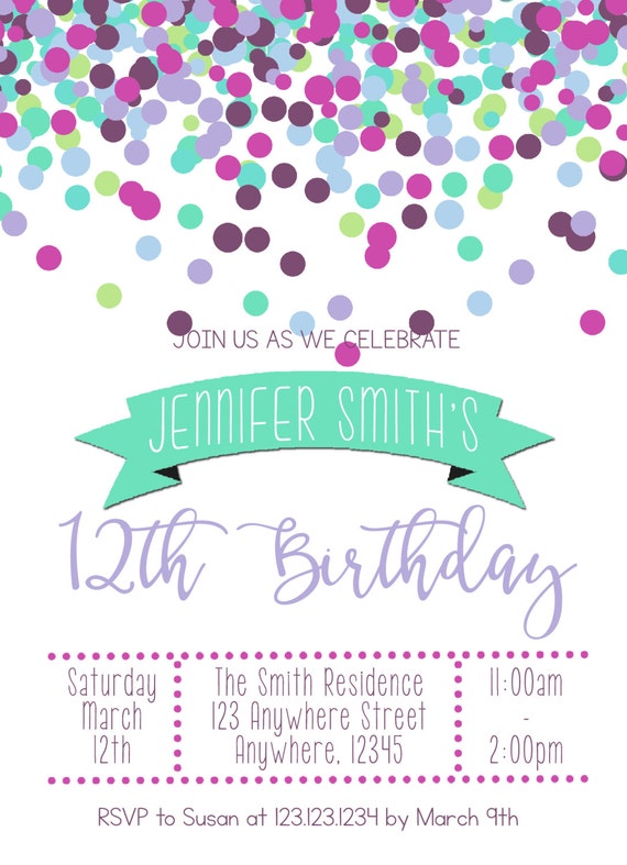 Teen/Tween Birthday Girl Invitation Confetti Several Color