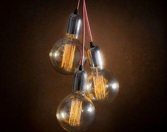Vintage Chrome pendant light cluster + Edison bulbs + Ceiling Rose + Braided 1m fabric leads + Free P&P