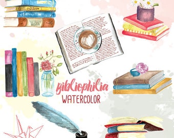 Bibliophile watercolor handpainted clip art: books, reading, library, teacher, bookworm, reader