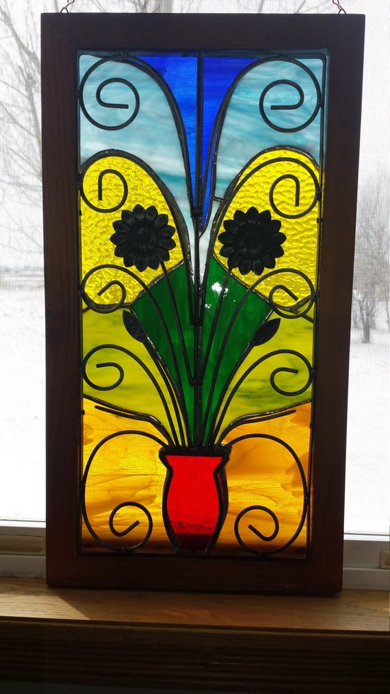 Stained Glass Panel with wood frame and decorative metal front