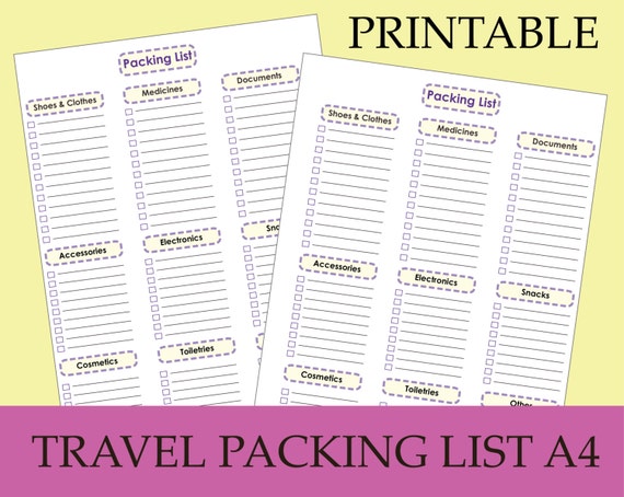 travel checklist a4 packing list printable planner inserts