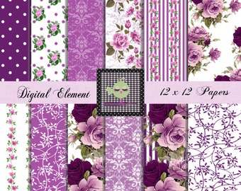 Digital Scrapbook Paper, Lilac and Purple Rose Paper, Fuchia Digital Paper, Decoupage Paper, Rose Wedding Paper, Shabby Chic. No.V7.14.DB